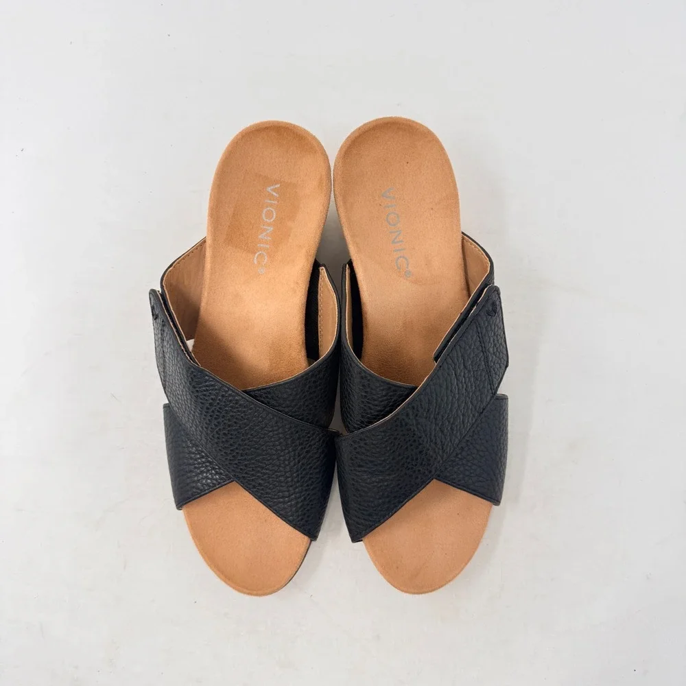 Vionic Black Leather Wedge Sandals Cork 8 Orthopedic Comfort Slides Supportive
